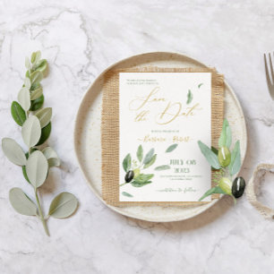 Fancy Tuscany Olive Leaves-Save The Date Invitation