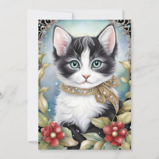Fancy Tuxedo Cat Winter Flora Frame Holiday Card