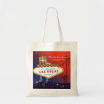 Fancy Twilight Las Vegas Wedding Bridesmaids Gift Tote Bag<br><div class="desc">Fabulous Las Vegas sign and lovely palm tree silhouettes, glittering stars and red & inky blue background illustrated on custom Bridesmaids Gift Bags. Create super gorgeous and unique keepsake for your special bridesmaids by customizing the bag one by one! ((You can find the matching wedding essentials & favors in this...</div>