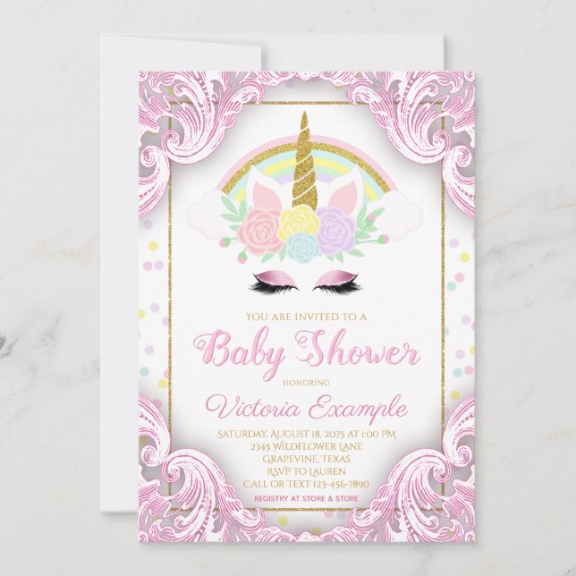 Fancy Unicorn Baby Girl Shower Invitations (Front)