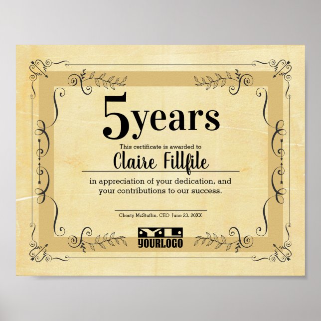 Fancy universal employee anniversary certificate poster (Front)