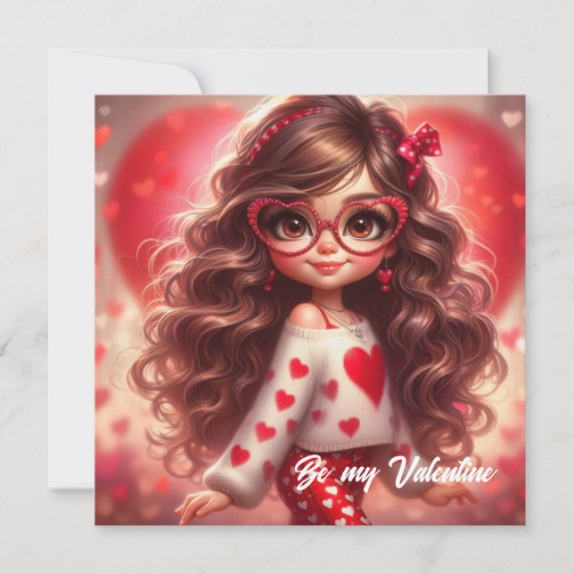 Fancy Valentine sassy girl with red heart love Holiday Card (Front)