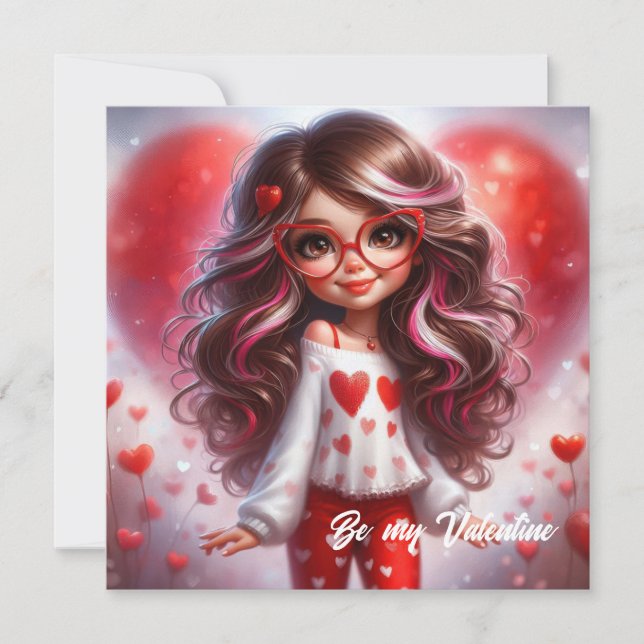 Fancy Valentine sassy girl with red heart love Holiday Card (Front)