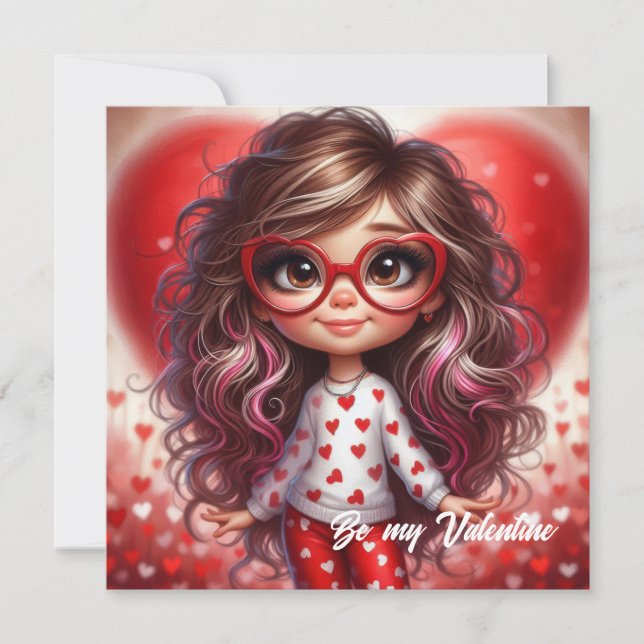 Fancy Valentine sassy girl with red heart love Holiday Card (Front)