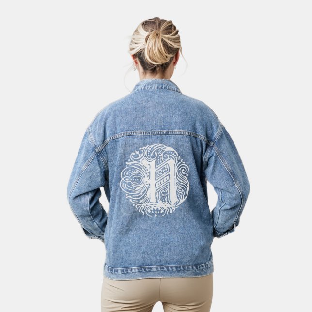 Fancy Victorian Calligraphy Monogram N Womens Denim Jacket (Model)