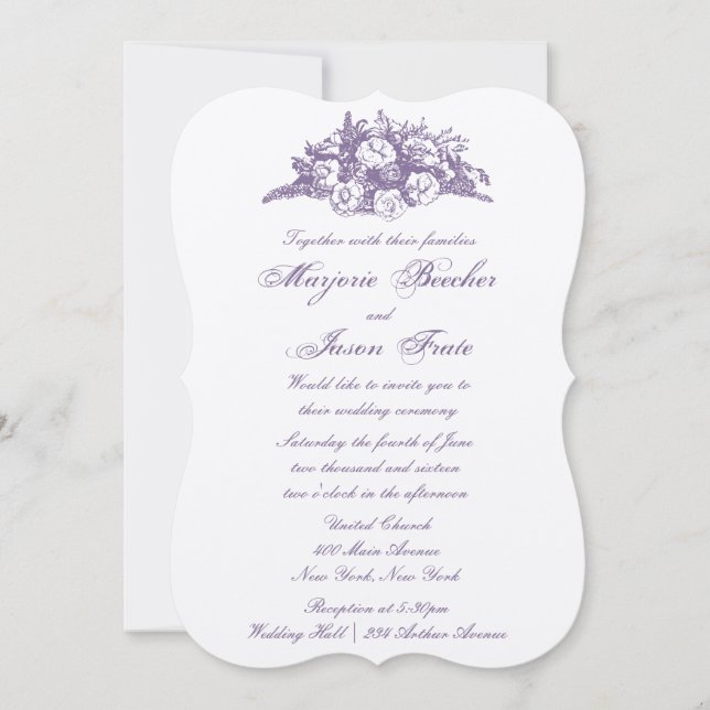 Fancy Vintage Flowers Wedding Invitation Purple (Front)