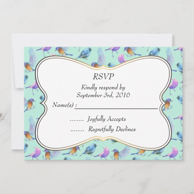 Fancy Watercolor Birds with Frame Wedding RSVP Invitation (Front)