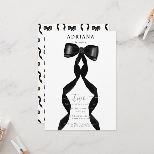 Fancy Watercolor Black Bow Formal Birthday Invitation (Front/Back In Situ)