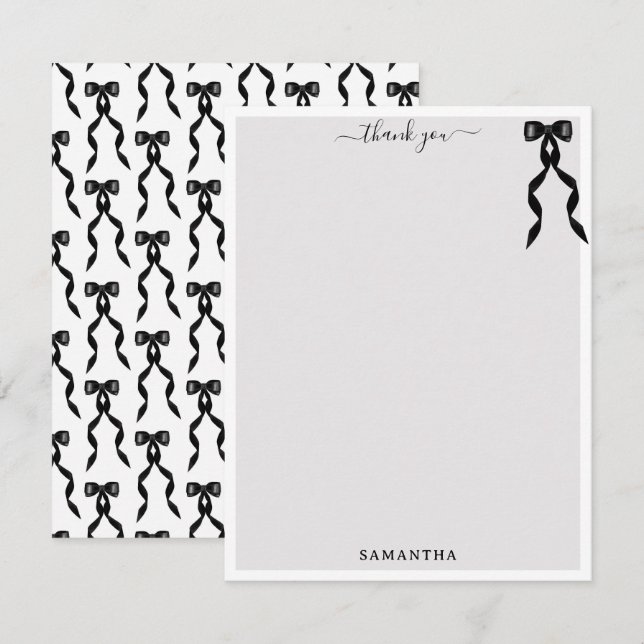 Fancy Watercolor Black Bow Personalised Thank You Card (Front/Back)