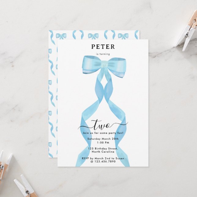 Fancy Watercolor Blue Bow Formal Birthday Invitation (Front/Back In Situ)