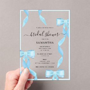 Fancy Watercolor Blue Bow Formal Bridal Shower Acrylic Invitations