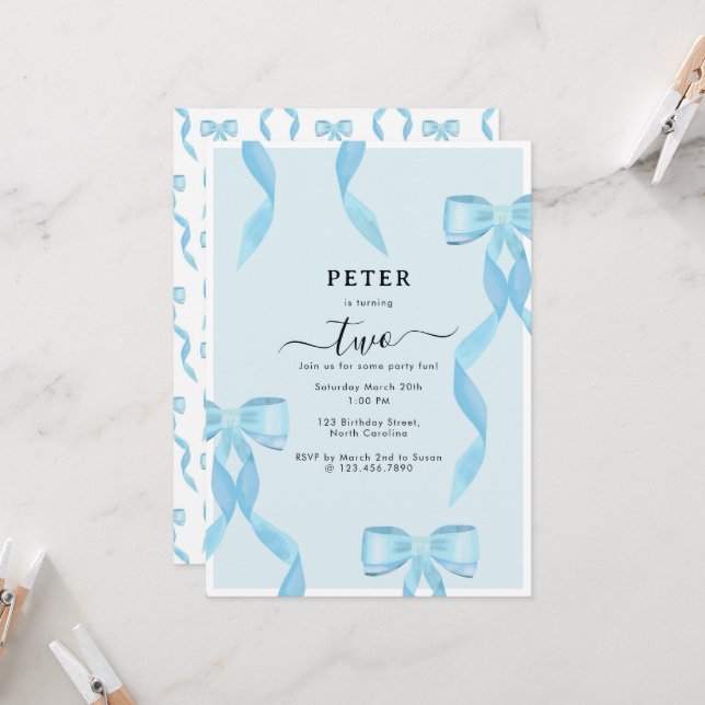 Fancy Watercolor Blue Bow Formal Kids Birthday Invitation (Front/Back In Situ)