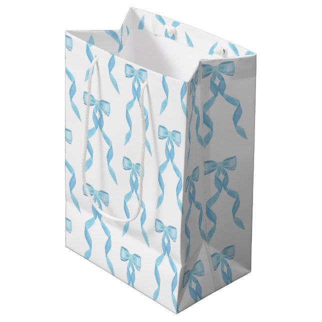 Fancy Watercolor Blue Bow Pattern Medium Gift Bag (Front Angled)
