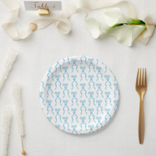Fancy Watercolor Blue Bow Pattern Paper Plate