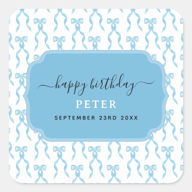 Fancy Watercolor Blue Bow Pattern Square Sticker (Front)