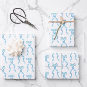 Fancy Watercolor Blue Bow Pattern Wrapping Paper Sheet