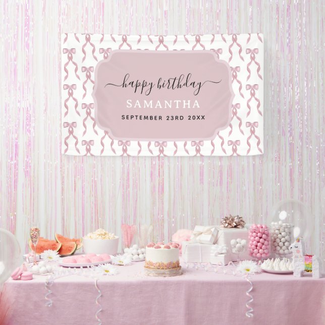 Fancy Watercolor Pink Bow Birthday Party Banner (Party)