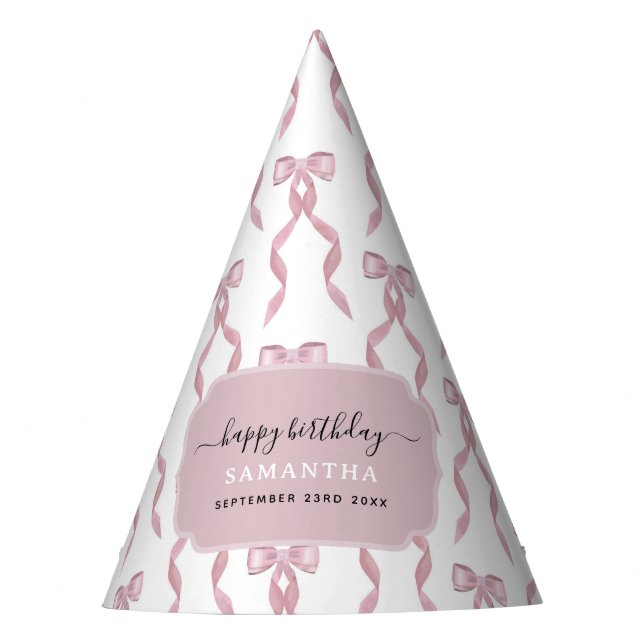 Fancy Watercolor Pink Bow Birthday Party Party Hat (Front)