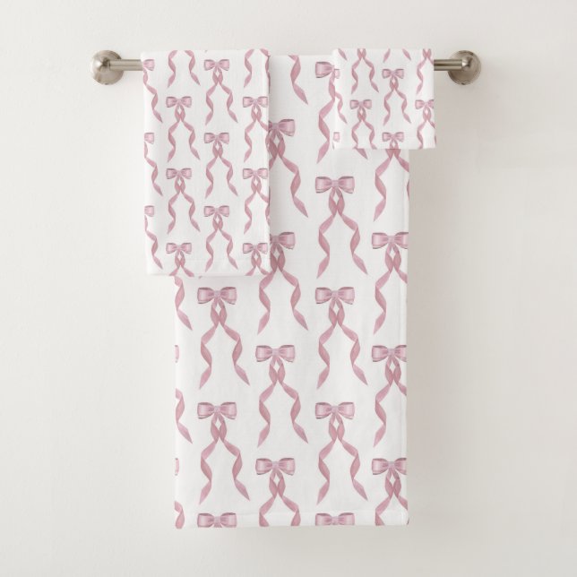 Fancy Watercolor Pink Bow Pattern Bath Towel Set (Insitu)