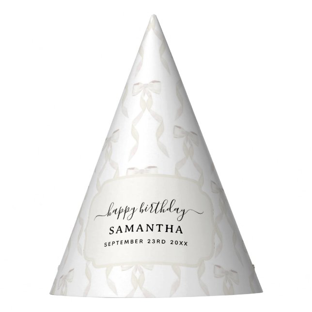 Fancy Watercolor White Bow Birthday Party Hat (Front)