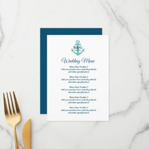 Fancy wedding menu with nautical boat anchor logo