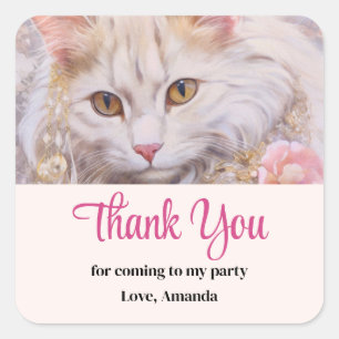 Fancy White Cat in Gold and Jewels Party Thank You Square Sticker