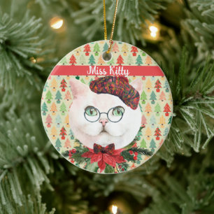 Fancy White Cat & Poinsettia Custom   Ceramic Tree Decoration