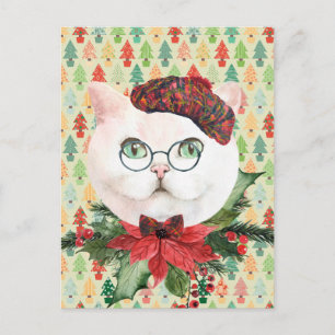 Fancy White Cat & Poinsettia Holiday  Postcard