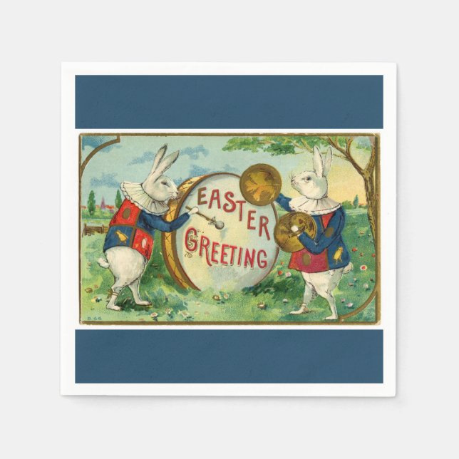 Fancy White Easter Bunnies Blue Napkin (Front)