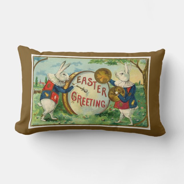 Fancy White Easter Bunnies Dark Brown Reversible Lumbar Cushion (Front)