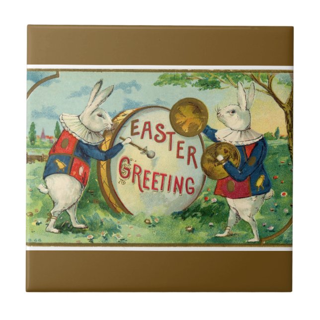 Fancy White Easter Bunnies Dark Brown Tile (Front)