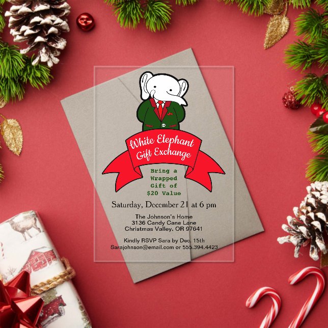 Fancy White Elephant Christmas Gift Exchange Acrylic Invitations (Insitu (Holiday))