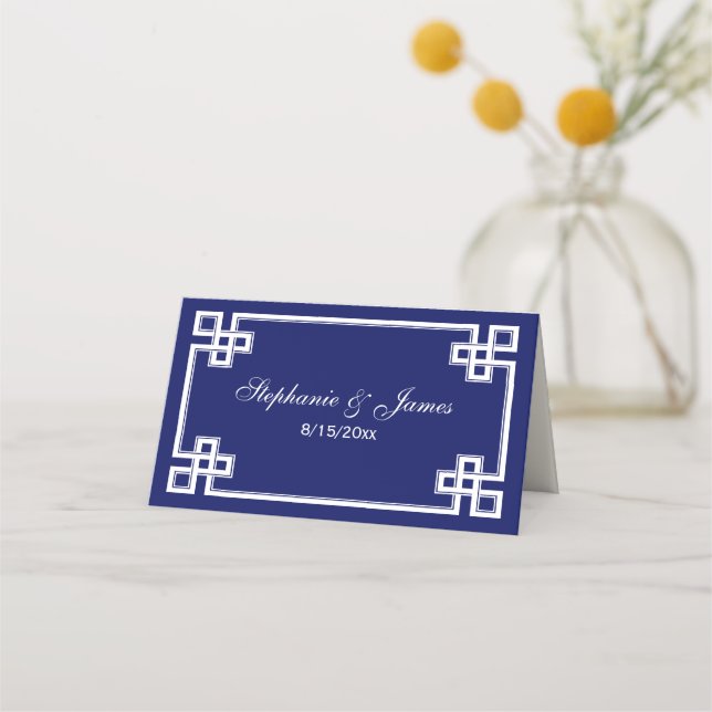 Fancy White Greek Key Frame Escort Cards Navy (Front)