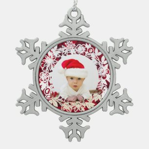 Fancy White Lacework on Red with Photo Snowflake Pewter Christmas Ornament