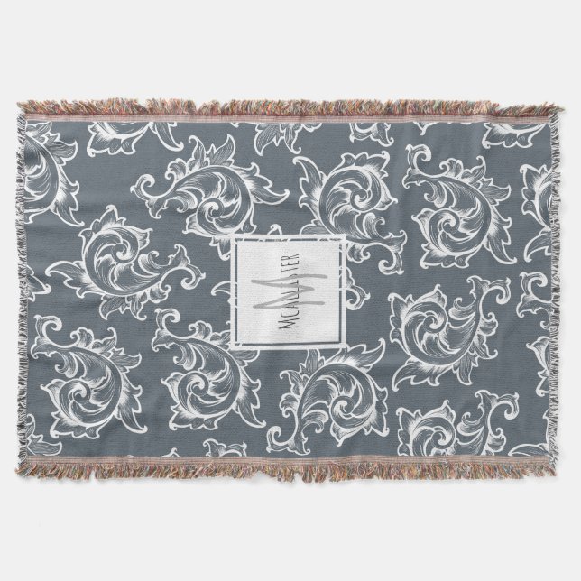 Fancy White Scrolled Leaves - Personalised Throw Blanket (Front)