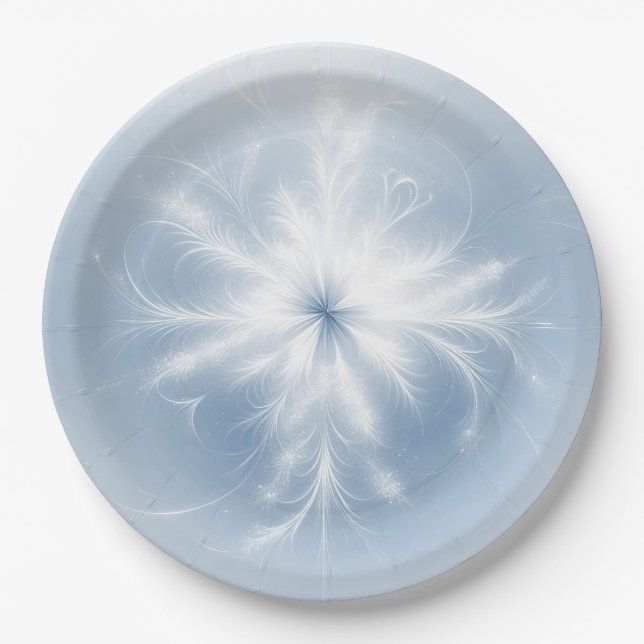 Fancy White Snowflake On Blue Paper Plate (Front)
