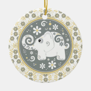 Fancy Yellow Grey White Elephant Floral Ornament