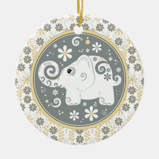 Fancy Yellow Grey White Elephant Floral Ornament (Front)