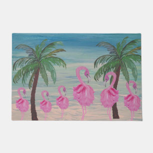 Fancyf flamingos and palm tres tropical doormat