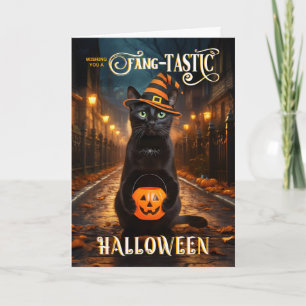 Fang Tastic Halloween Black Cat Trick or Treating Holiday Card