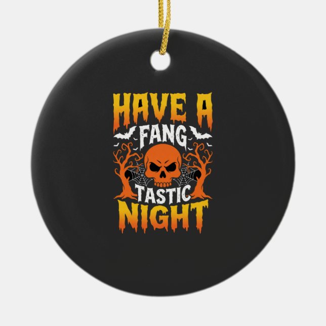Fang-Tastic Night Halloween Skull and Bats Ceramic Tree Decoration (Front)