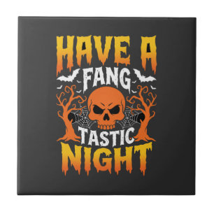 Fang-Tastic Night Halloween Skull and Bats Tile