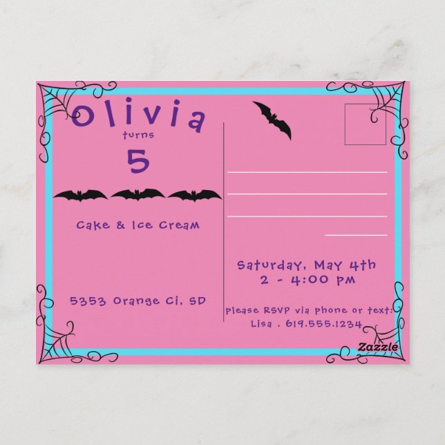 Fang-tastic Spiderweb & Bat Birthday Invite Postca Postcard (Back)