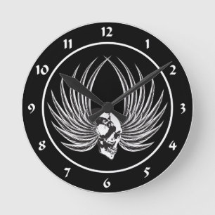 Fanged Skull with Wings Round Clock