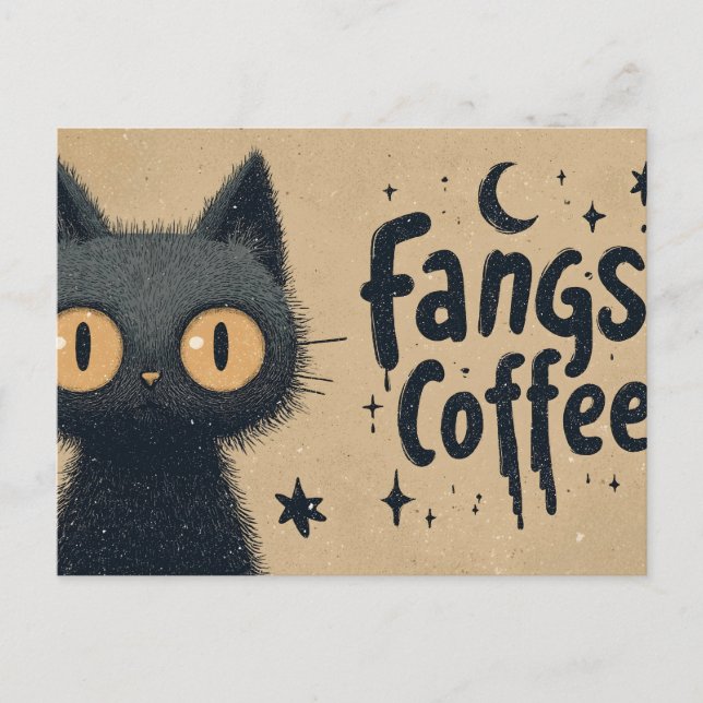 Fangs and Coffee Graphic with Grungy Black Cat Postcard (Front)