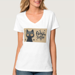 Fangs and Coffee Graphic with Grungy Black Cat T-Shirt