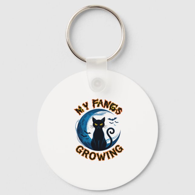 Fangs Growing Halloween Black Cat Blue Moon Bats_1 Key Ring (Front)