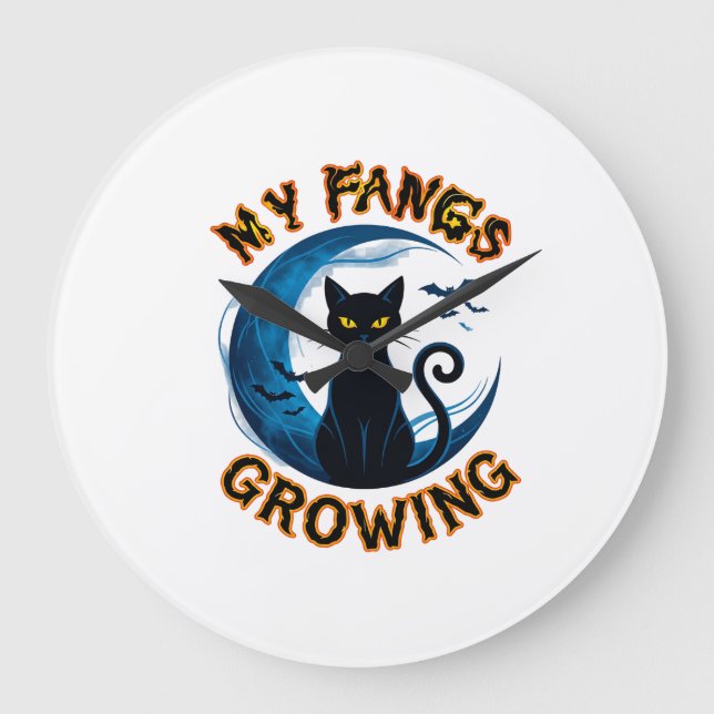 Fangs Growing Halloween Black Cat Blue Moon Bats_1 Large Clock (Front)