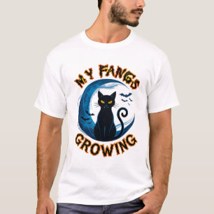 Fangs Growing Halloween Black Cat Blue Moon Bats_1 T-Shirt