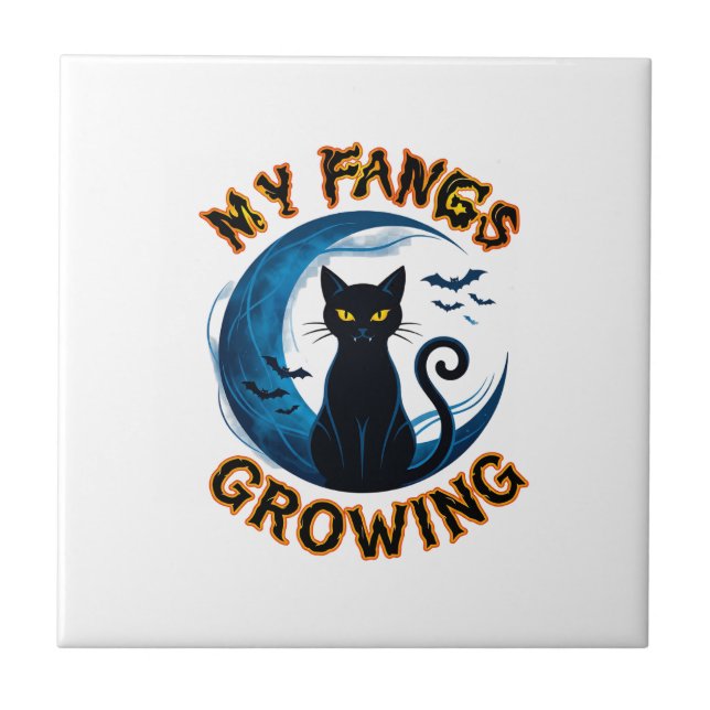 Fangs Growing Halloween Black Cat Blue Moon Bats_1 Tile (Front)